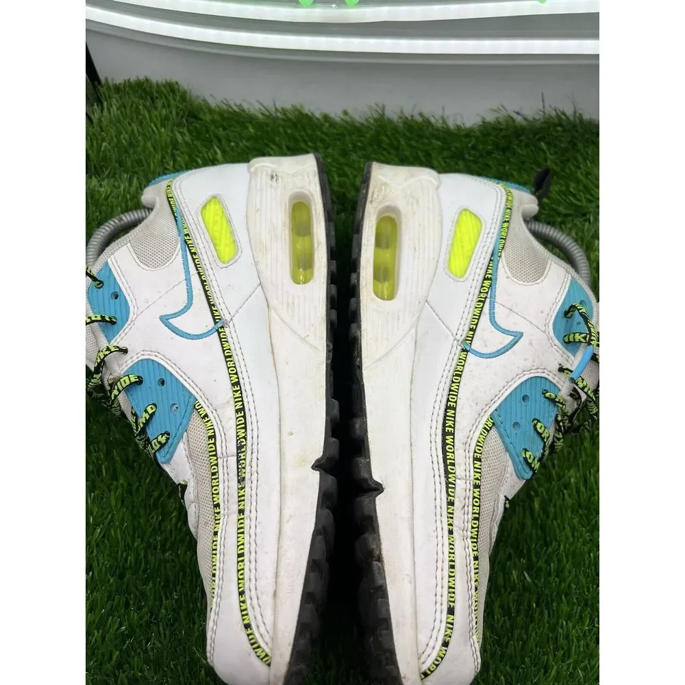 Nike Air Max 90 Worldwide‎ Sneaker Size 7Y Whit/Blue Fury Black Volt CV7665-100